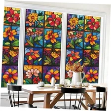 Stained Glass Window Film Privacy Decorative – Colorful Leaf Frosted 2 Flowers