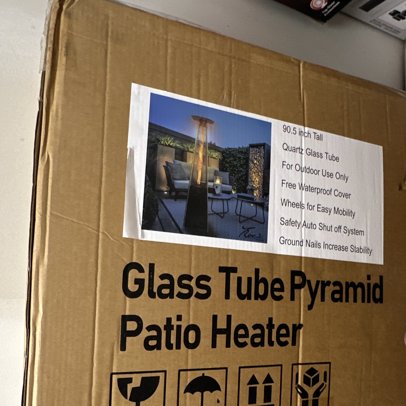 Pyramid Glass Tube Flame Patio Heater 90.5in Black Outdoor Standing w/ Cover
