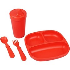 Toddler Dinnerware Set - No-Spill Sippy Cup, 7" Divided Plate, Rounded Tip Fo...