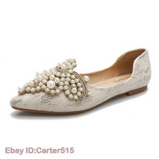 Beads Wedding Shoes Lace Embroider Flats Ballerina Pointed Toe Pearl Loafers