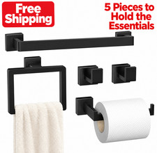 5-Pieces Matte Black Set, Towel Bar, Towel Ring, TP Holder, Robe Hooks, Black