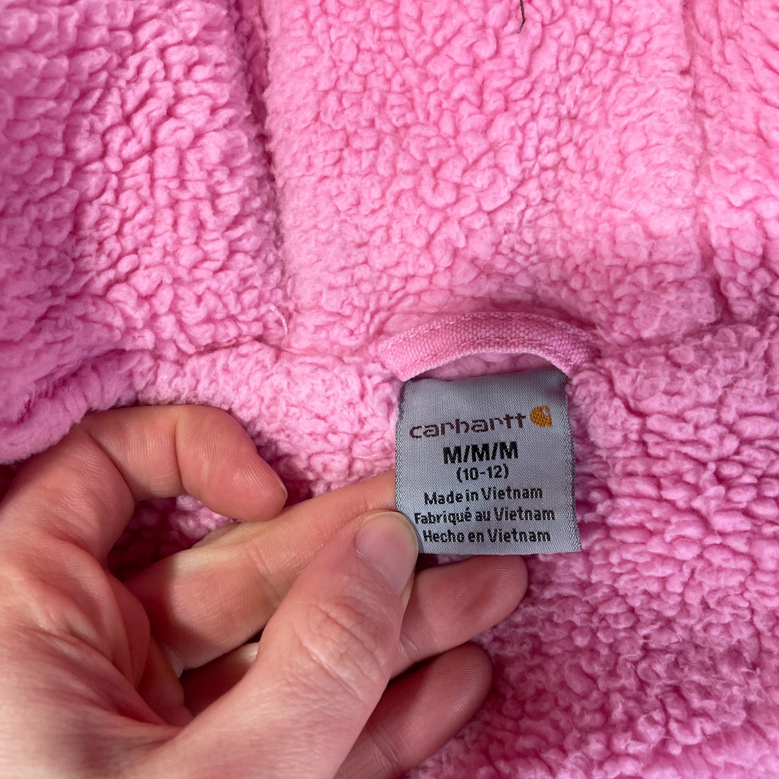 Carhartt Hooded Work Jacket Girls Medium M 10-12 Pink Sherpa Canvas Full Zip USA thumbnail 4