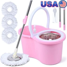 Pink Spin Mop Bucket Set 360 Degree Rotating Stainless Steel Microfiber Tool New