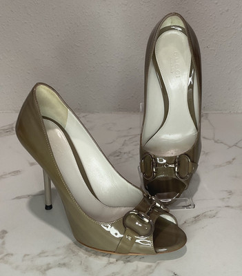 Gucci Red Leather Horsebit Classic Peep Toe Platform Heels Shoes Size 6 B Fango