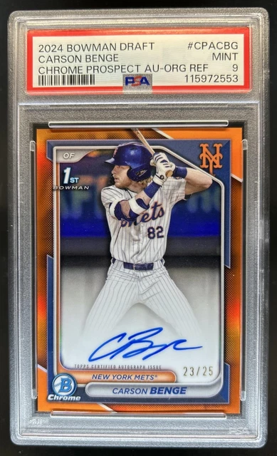 2024 Bowman Draft Carson Benge Chrome Auto Orange Refractor 1st #/25 Mets PSA 9