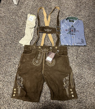 Authentic German Trachten Men's Brown Leather Lederhosen w/ Suspenders Size 52