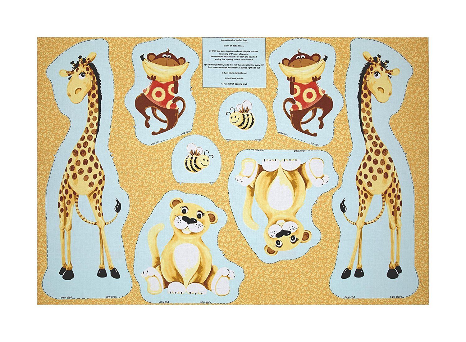 Suzybee Friends cut out soft toy Panel Fabric DIY pillow Lion Bee Giraffe Monkey