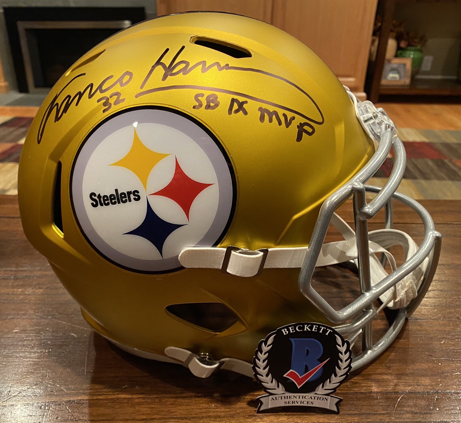 Franco Harris Autographed Signed Pittsburgh Steelers RARE Steelers Blaze Replica Helmet SB IX MVP Beckett 