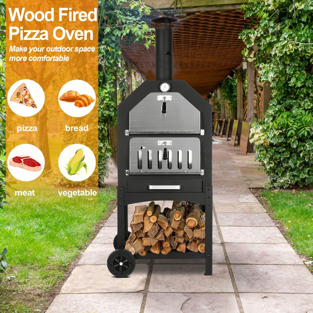 Wood Fired Pizza Oven Pizza Maker Grill with Wheels Waterproof Cover  Outdoor | eBay