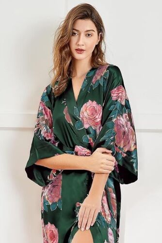 Women's Floral Long Kimono Robe Long Satin Green Long Silk Ladies Small-Large