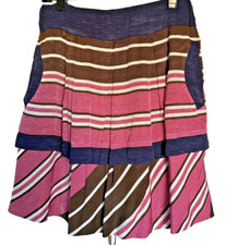 Maeve Anthropologie Full Skirt Pleats Lined Rose Blue Brown Stripe Sz 2 Stretch