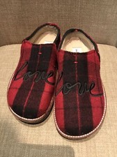 ED Ellen Degeneres Tillie 8.5M Embroidered LOVE Scuff Slippers Clogs Red Plaid