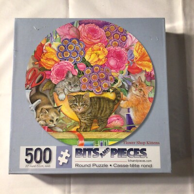 Bits And Pieces - Flower Shop Kittens Round 500 Piece Puzzle -NEW SEALED