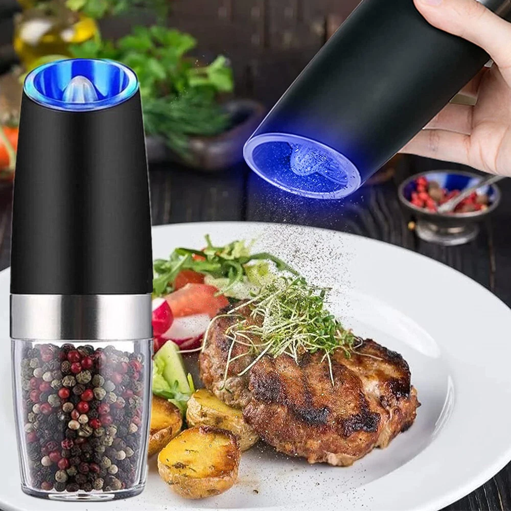 Gravity Electric Pepper and Salt Grinder Set of 2 [White Light] Battery  Operated Automatic Pepper and Salt Mills with Light,Adjustable  Coarseness,One