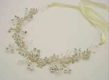 Ivory Ribbon Flower Heart Headband with Rhinestones Prom Bridal Headband