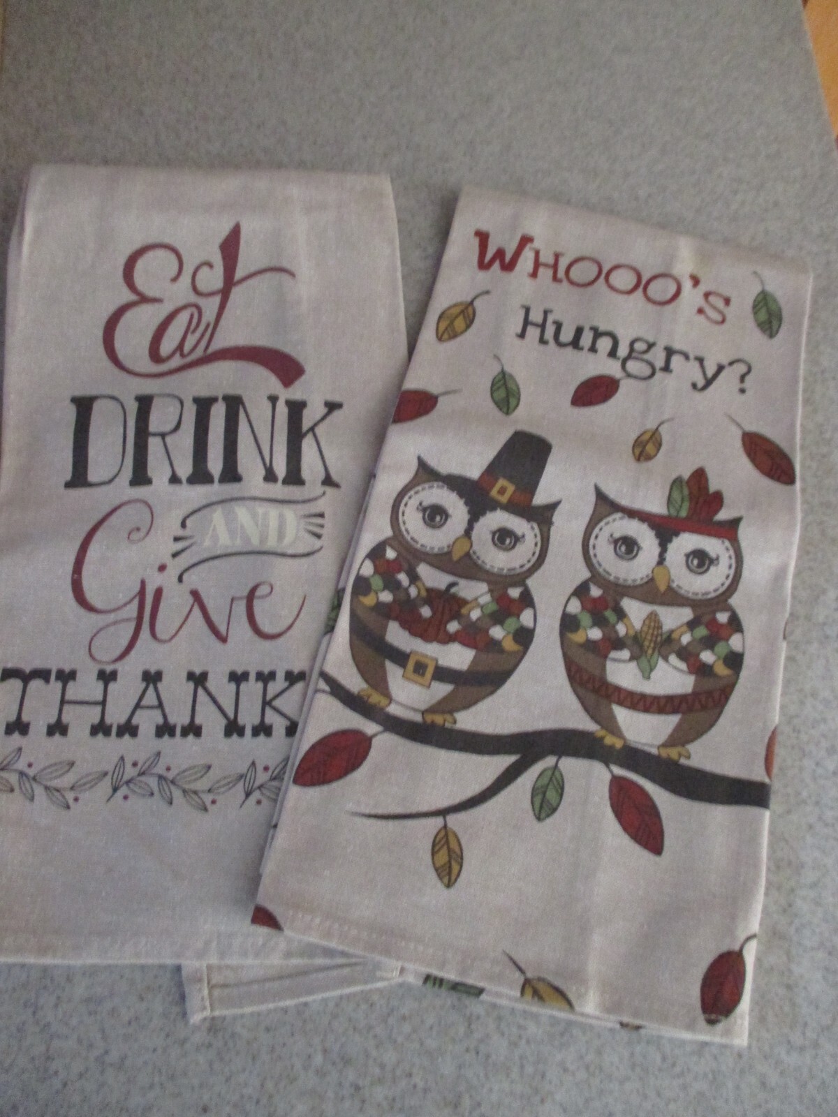 NEW Set 2 Thanksgiving Pilgrim Owls Dishtowels, "Whooo's Hungry?", 100% Cotton