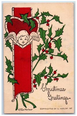 c1910's Christmas Greetings Angel Cherub Head Hear Holly Grace Harlow Postcard