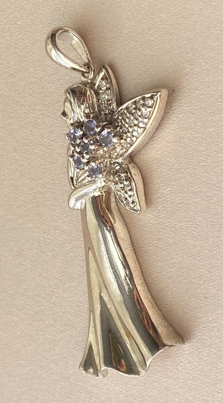 VTG Sterling Silver Fairy Pendant Natural Diamond Wings Tanzanite 925