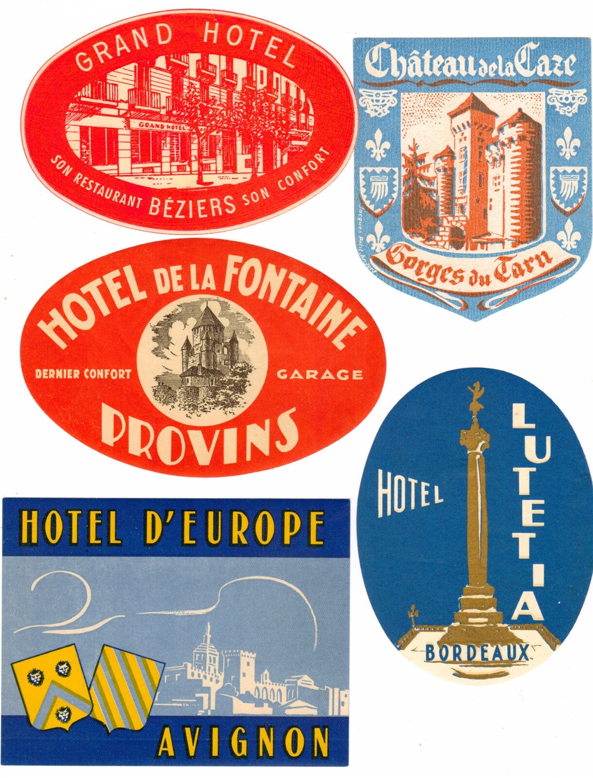 5 Vintage French Hotel Luggage Tags for Avignon Bordeaux Béziers Provins