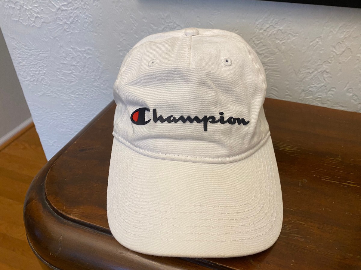 Champion Spell Out Hat Cap Leather Strap Back Adjustable White