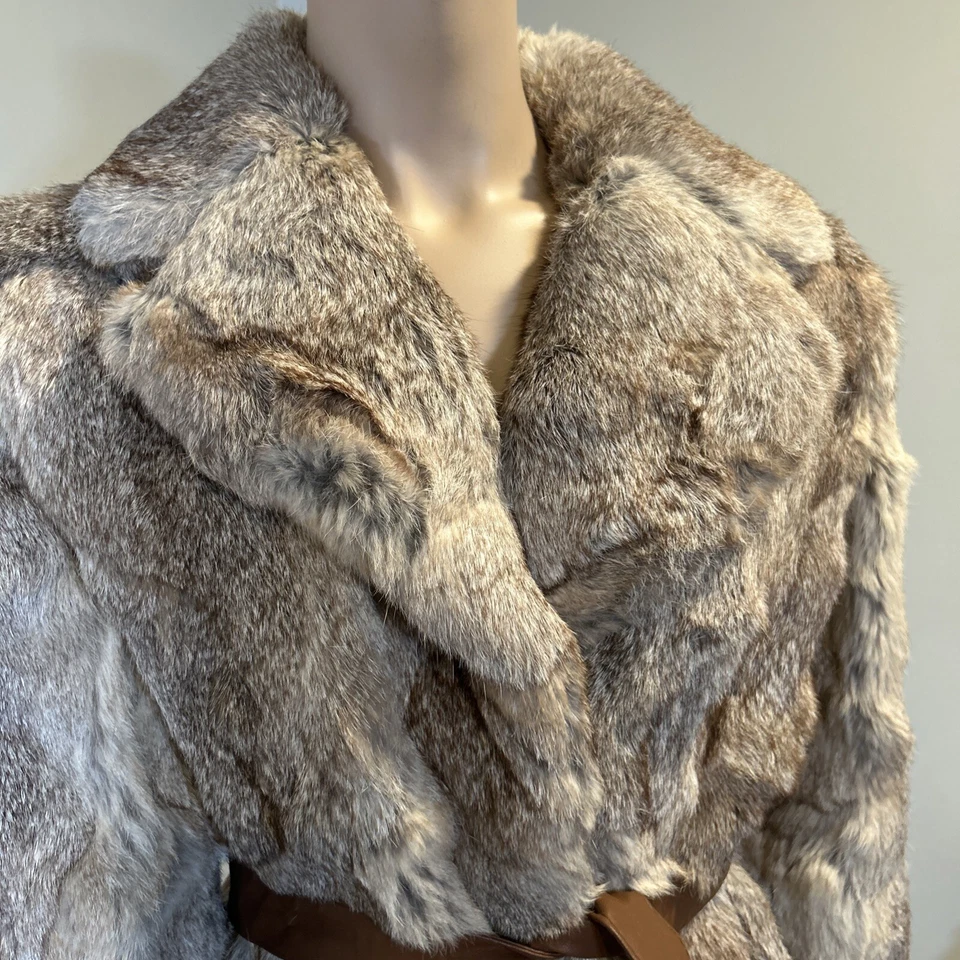 Chaqueta Abrigo De Piel De Conejo Natural Elegida De Colección con Cinturón De Cuero Talla S Foto 2 de 4