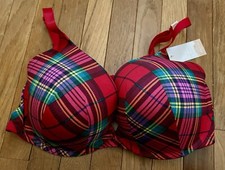 Size 44DDD Lane Bryant Cacique Cotton Boost Plunge Bra Red Green Holiday Plaid