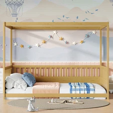 Full Size Canopy Bed Frame with Guardrails for Kids, with Four Poster Design