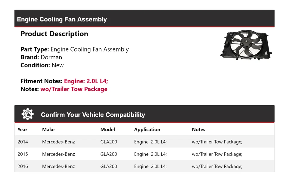 Conjunto de ventilador de refrigeración del motor Dorman 2,0 L L4 para Mercedes-Benz GLA200 2014-2016 Foto 2 de 4