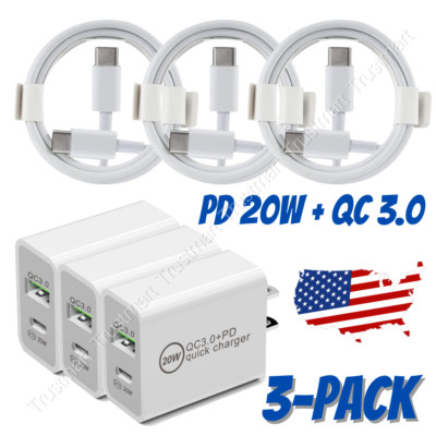 3PACK 20W PD Fast Wall Charger Dual Type C Cable For Samsung S9 iPhone 15 16 Lot