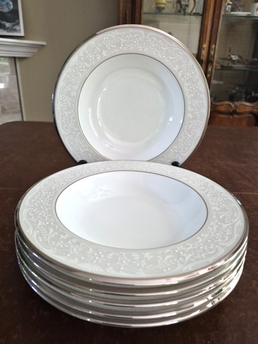 6 Noritake Bone China Silver Palace 8 1/2" Rimmed Soup Bowls 4773