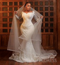 Applique White Wedding Dress Bridal Gown Mermaid Long Sleeves Tiers Rhinestones