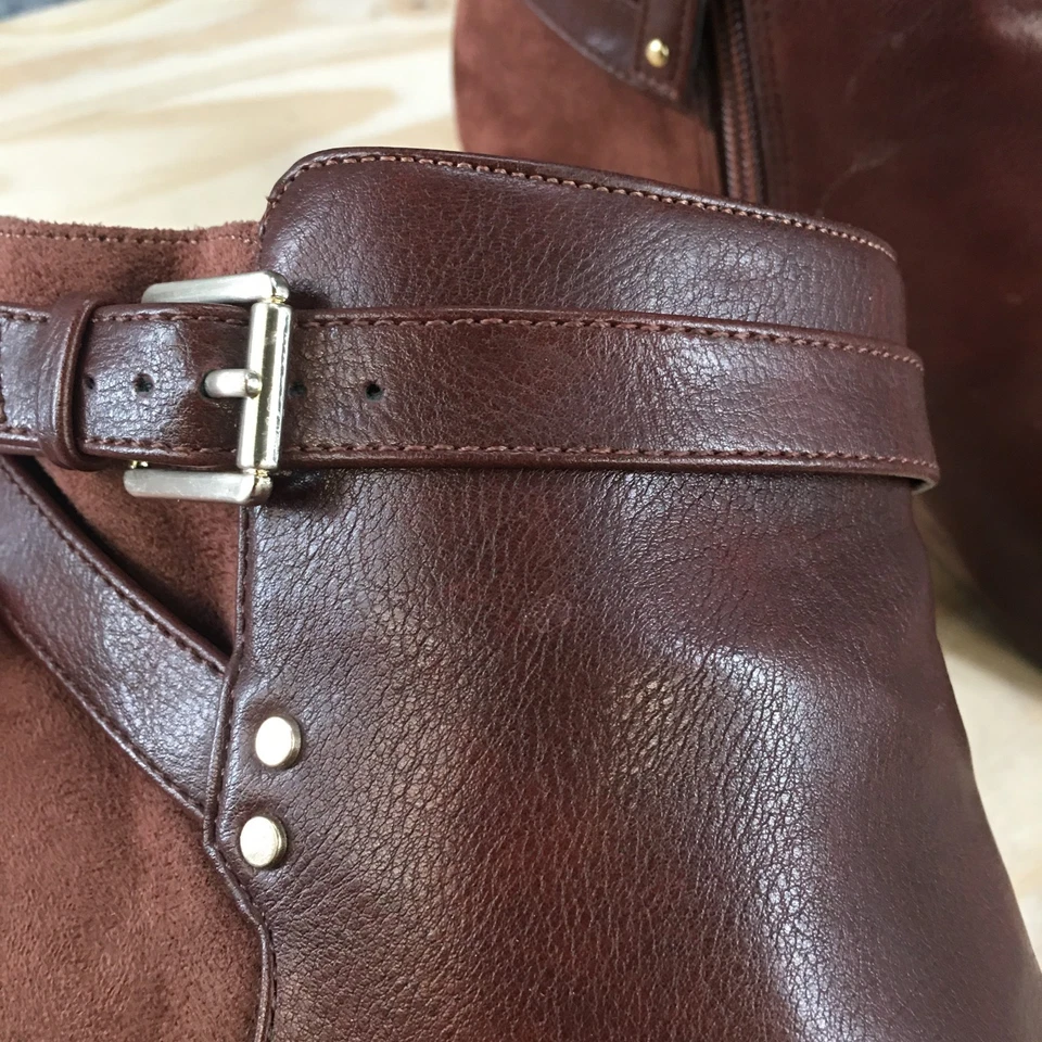 Dr. Scholls Boots Womens 9 Wide Double Bootie Brown Faux Leather Ankle Top Wedge - Image 4 of 4