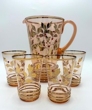 Vintage Pink/Amber Glass Lemonade/Pimms Jug with Glasses x 4 1960/70's