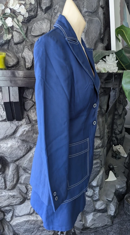Vtg 70s Bronson Calif Skirt Suit Blue White Contrast Stitching Sz 5 Patch Pckts - Image 3 of 4