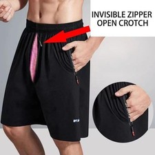 Mens Invisible Zipper Open Crotch Black Shorts Underpants Outdoor Sports Bottoms