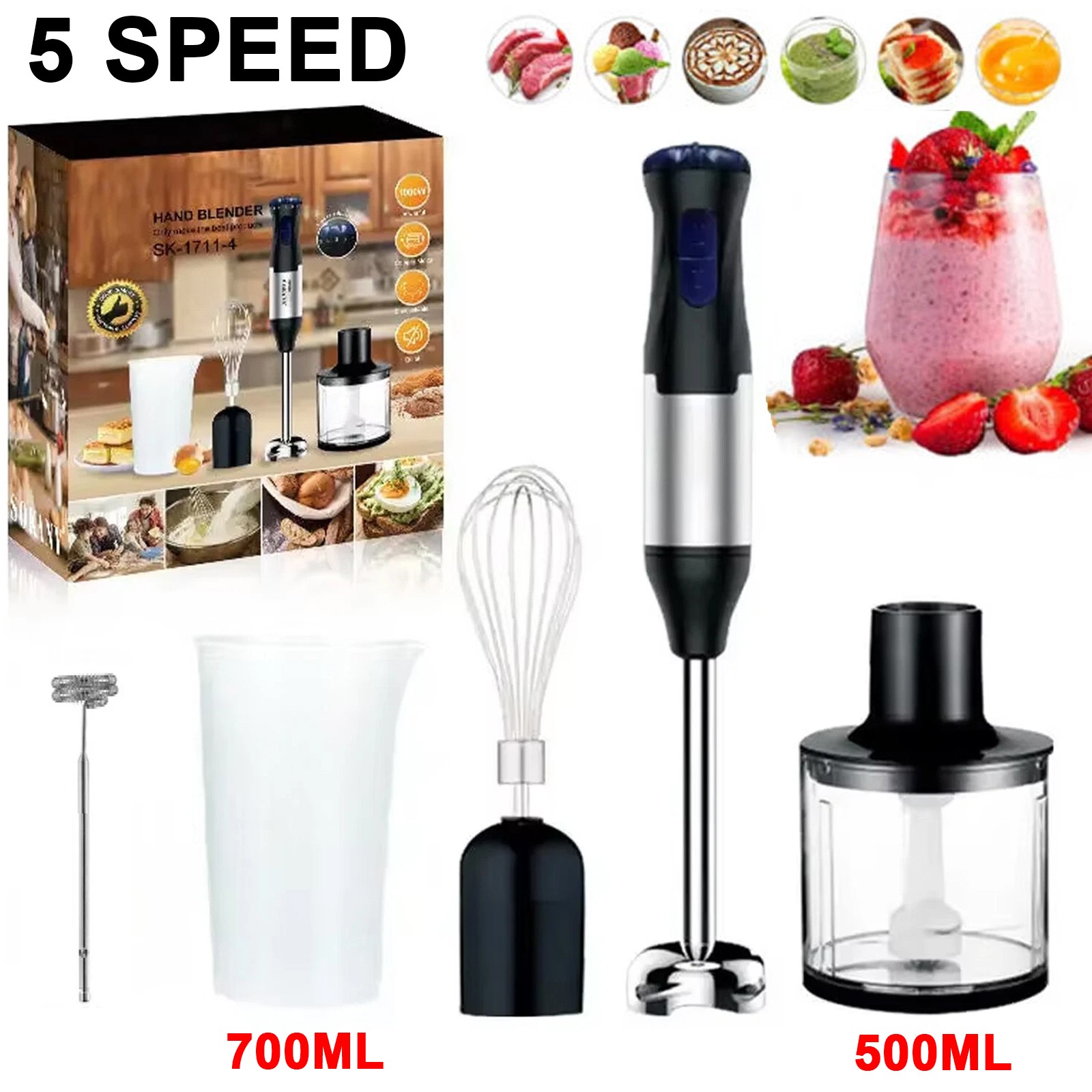 1000W 5-in-1 Immersion Hand Blender 5-Speed with Chopper Whisk and Frother