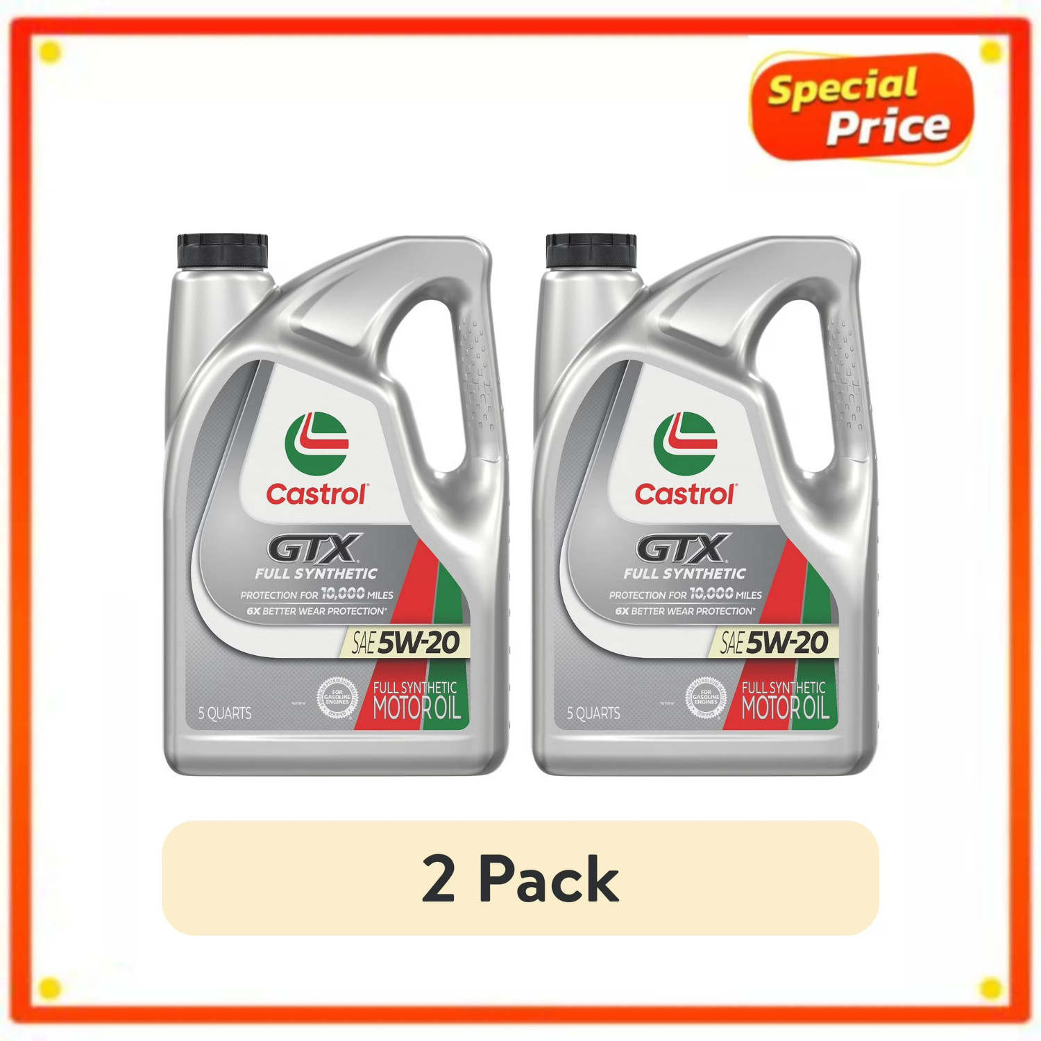 (2 pack) Castrol GTX Full Synthetic 5W-20 Motor Oil, 5 Quarts