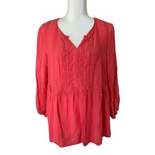 Coral Boho Peasant Blouse Lace Trim Babydoll Tunic Crinkle Women's Large Blouse