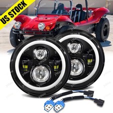 Pair 7 Round Led Headlights Halo Drl Hilo Beam Fit Vw Dune Buggy Rail Buggy