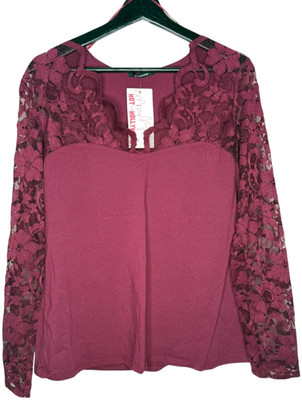 New AMBIANCE XL BURGUNDY LACE LS SHIRT 65641XL 95% COTTON SCALLOP NWT USPSGA