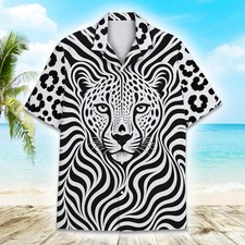 Black White Cheetah Zebra Hawaiian Shirt, Animal Safari Jungle Print Button Down