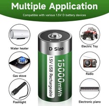 2pc D Rechargeable Batteries 1.5V Lithium 15000mWh USB C Fast Charge LR20