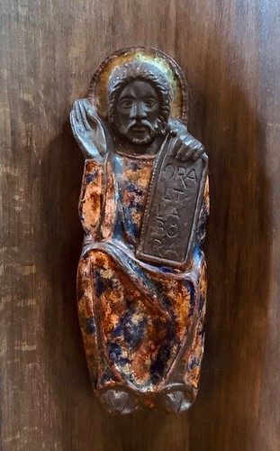 Unique Religious Icon Saint Benedict Enameled Bronze Christian Sculpture on Wood - Picture 17 of 20