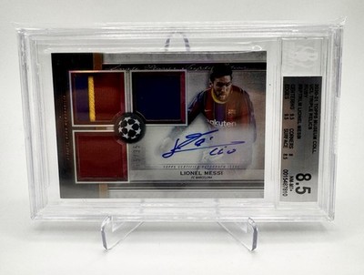 20-21 TOPPS MUSEUM COLL. UCL TRIPLE RELICS Auto RUBY#SPTRLM LIONEL MESSI BGS 8.5