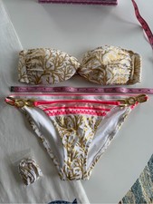 White  Gold Coral Print Bandeau Bikini - Vintage Style