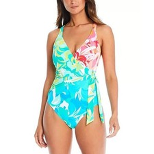 Bleu Rod Beattie Tropical Floral Wrap One Piece Swimsuit Women Size 10