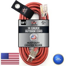 50 Ft - 14 Gauge Extension Cord Outdoor - Made In Usa - Lighted On Both Ends