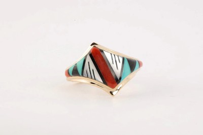 Native Style 14k Yellow Gold Multi Stone Inlay Ring Size 7.5 (5.85g.)
