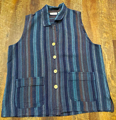 White Stag Women s Striped Button Front Collared Pocket Vest Linen Rayon L