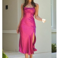 Showpo Saints + Secrets Pink Satin Cowl Neck Slit Midi Dress Size Small